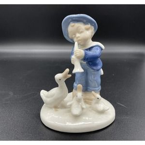 Vintage Boy & 3 Little Geese Playing Instrument Porcelain Figurine Blue & White